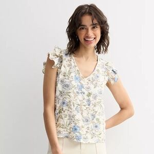 NWT- Fair Haven Double Ruffle Ivory Floral Crinkle Top Juniors Size Medium